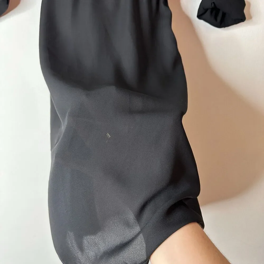 ReVamped Black Flowy Roll Tab Sleeve Tie Waist Waterfall Neck Wrap Dress Small - Picture 7 of 14